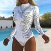 Women Long Sleeve One Piece Swimsuit Zip Front  Colorful Flowers Print Rash Guard Surfing Bathing Suit