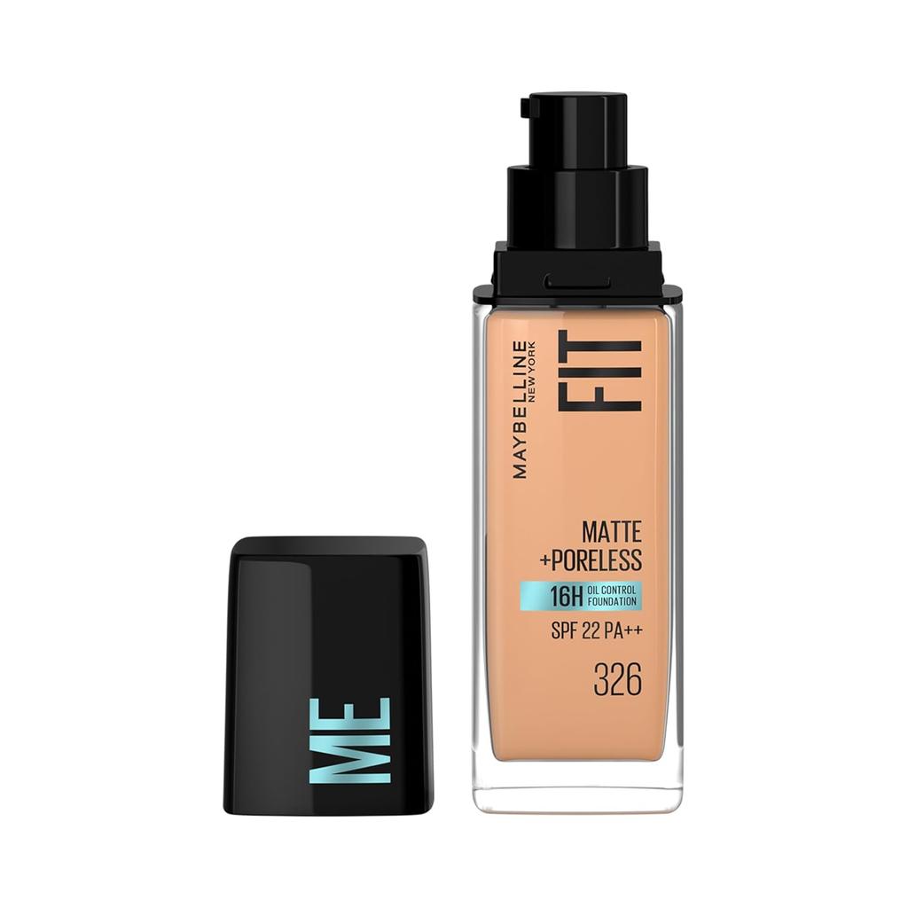 Maybelline New York Fit Me Matte + Poreless Liquid Foundation 326, 30 Ml Pack Of 1 Full Coverage Oil Control SPF 22 Warm Tan