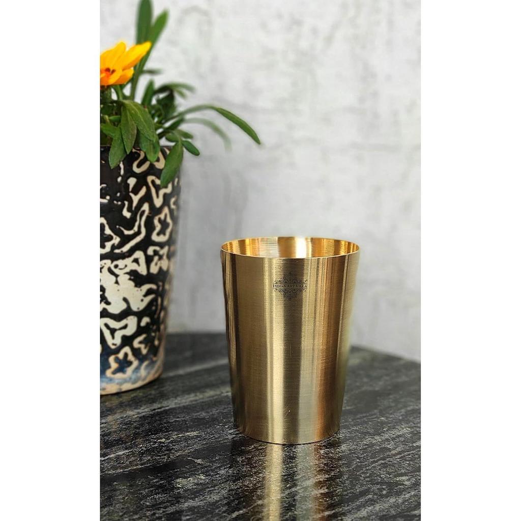 Pure Brass Matt Finish Glass/Tumbler with Brass Bottom, Serveware & Drinkware, Ayurveda Healing, Volume-300 ML, Set of 6