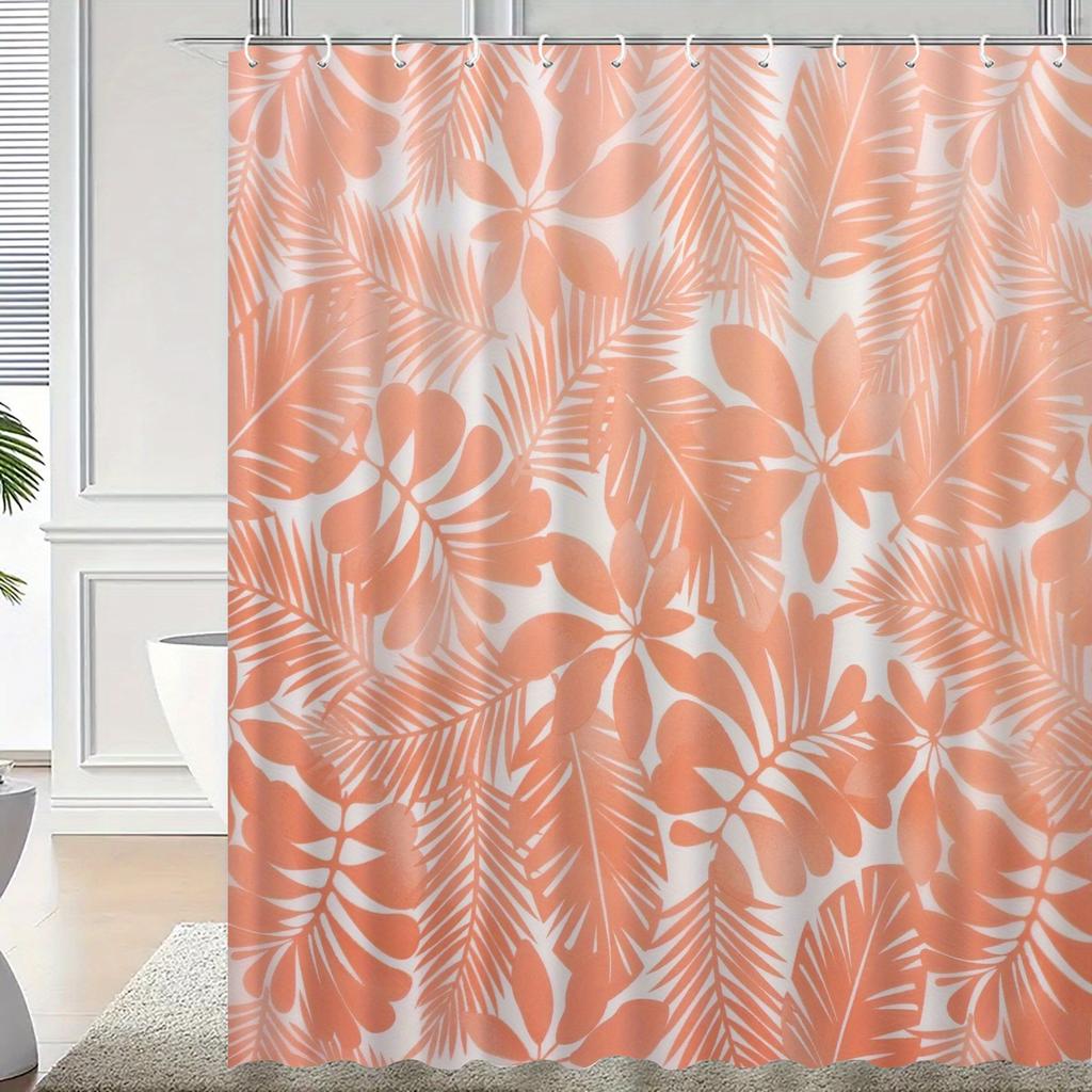 Tropical Orange Leaf Pattern Shower Curtain, Polyester Bath Partition, Machine Washable,  All-Season Bathroom Decor