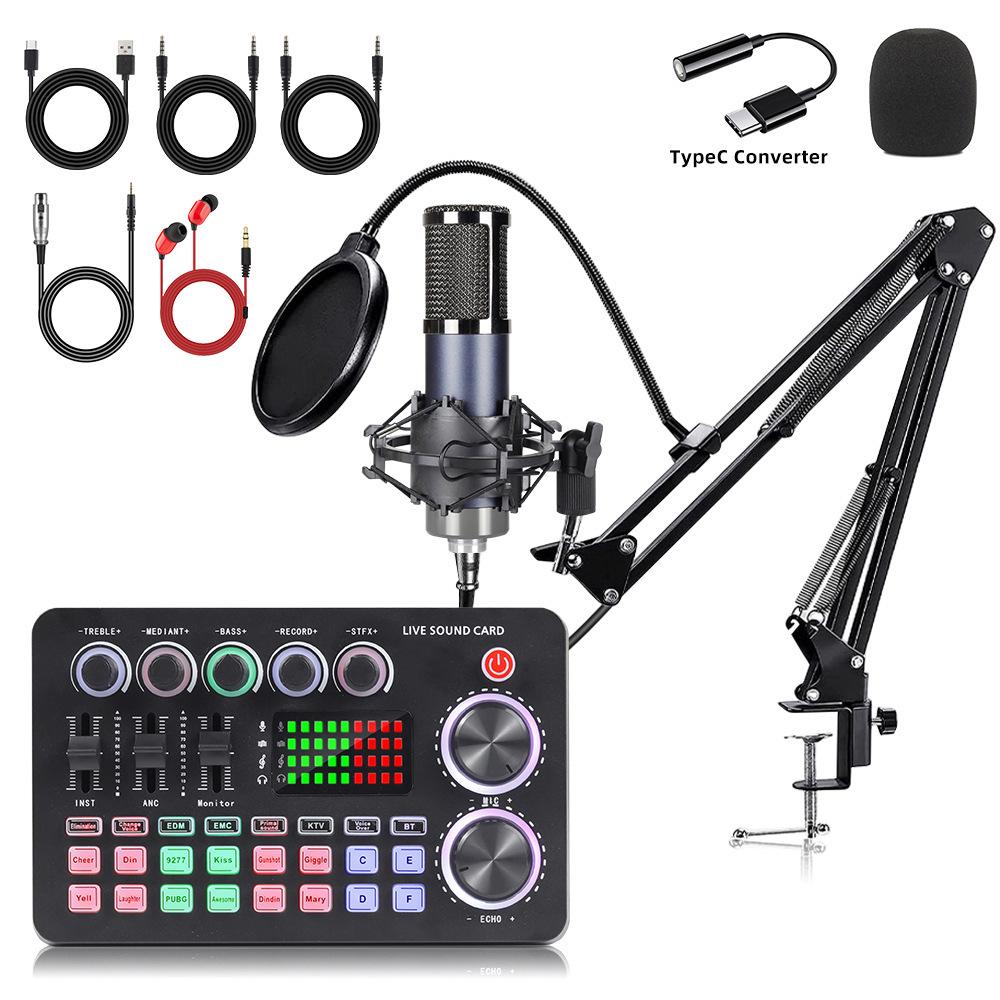 F998 Microphone F11 Podcast & Live Broadcast Set for Mobile & Computer, USB Sound Card Included
