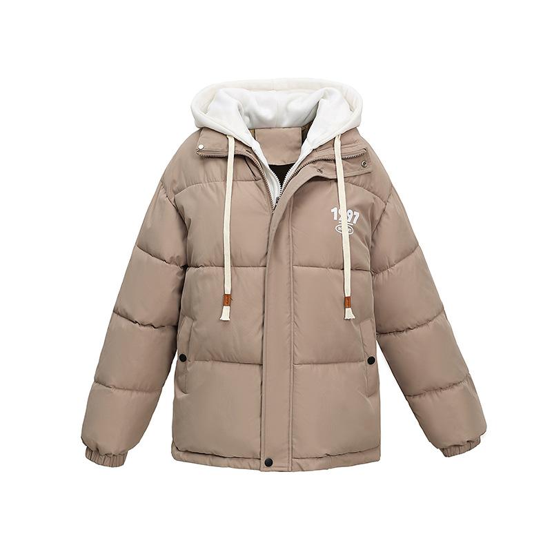 2025 Fake Two Pieces Hooded Down Cotton Clothes Jacket Winter Girl Bread Suit Student Short Thickened Padded Jacket