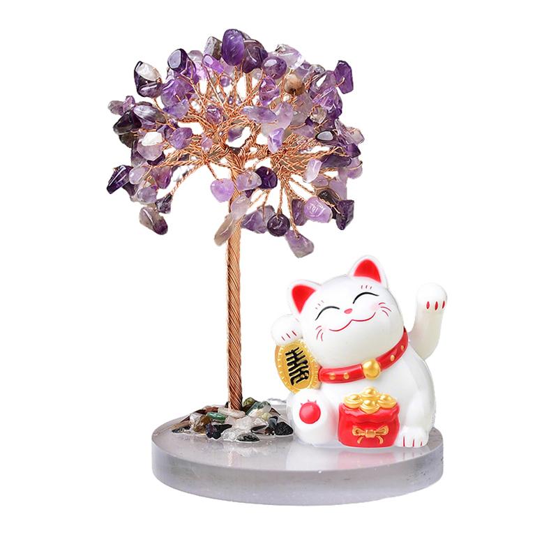 Solar Energy Shake Hands Lucky Cat Base Fate Tree Office Home Natural Crushed Stone Life Tree Handwoven Weaving Decor