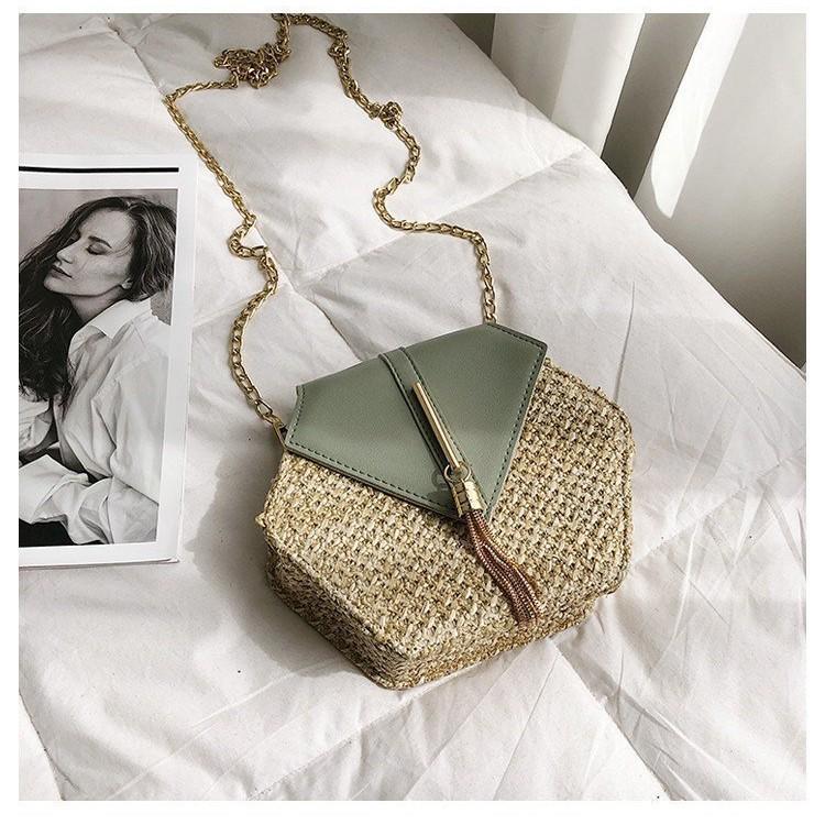 Korean Style Trendy Woven Hexagonal Women's Straw Crossbody Bag with Tassel Chain
