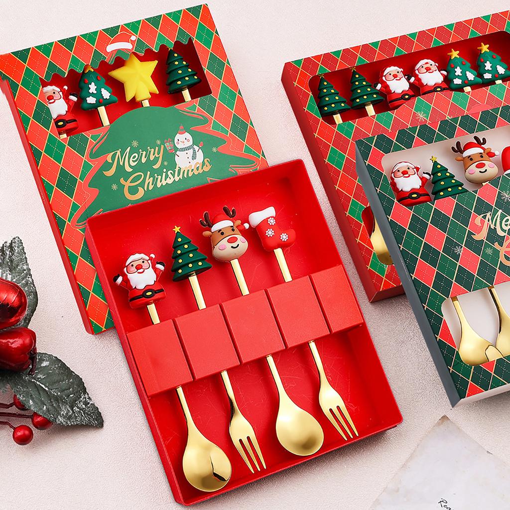 4pcs Christmas Party Dinnerware Set with Gift Box Christmas Tree Dessert Fork Spoon Cutlery Set Gold Stainless Steel Tableware