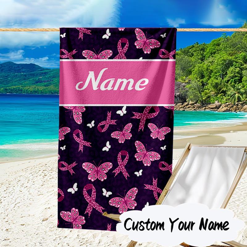 Custom Name Pink Ribbon Courage Microfiber Beach Towel Super Soft & Absorbent for Bath, Beach, Travel  Bath Time Accessory, Fan gifts