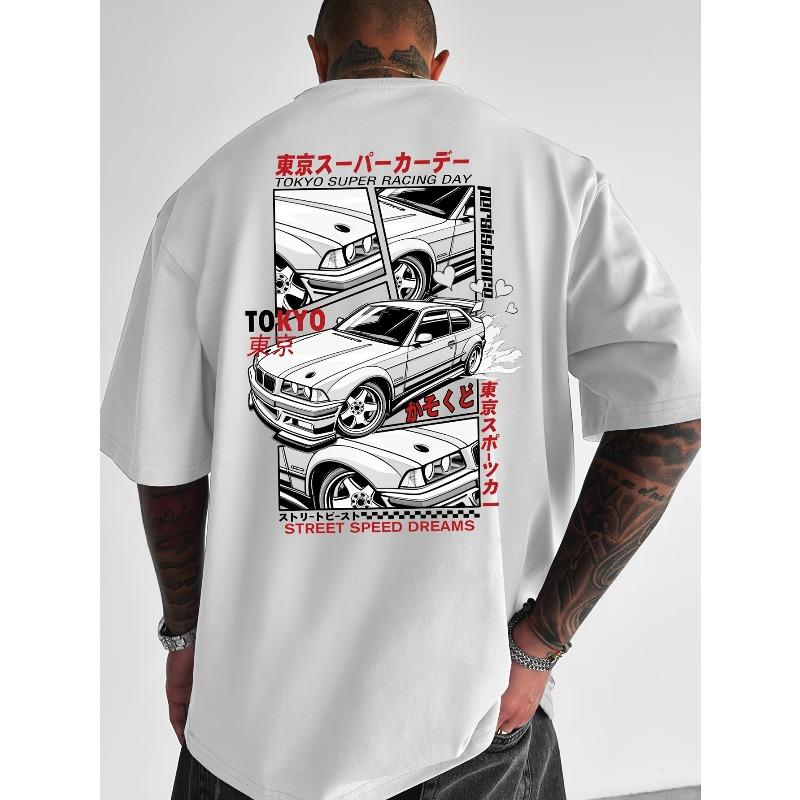 Men's Japanese Streetwear Graphic T-Shirt - Loose Fit Round Neck Summer Tee, Lightweight Breathable Fabric for Car Enthusiasts & Casual Outfits
