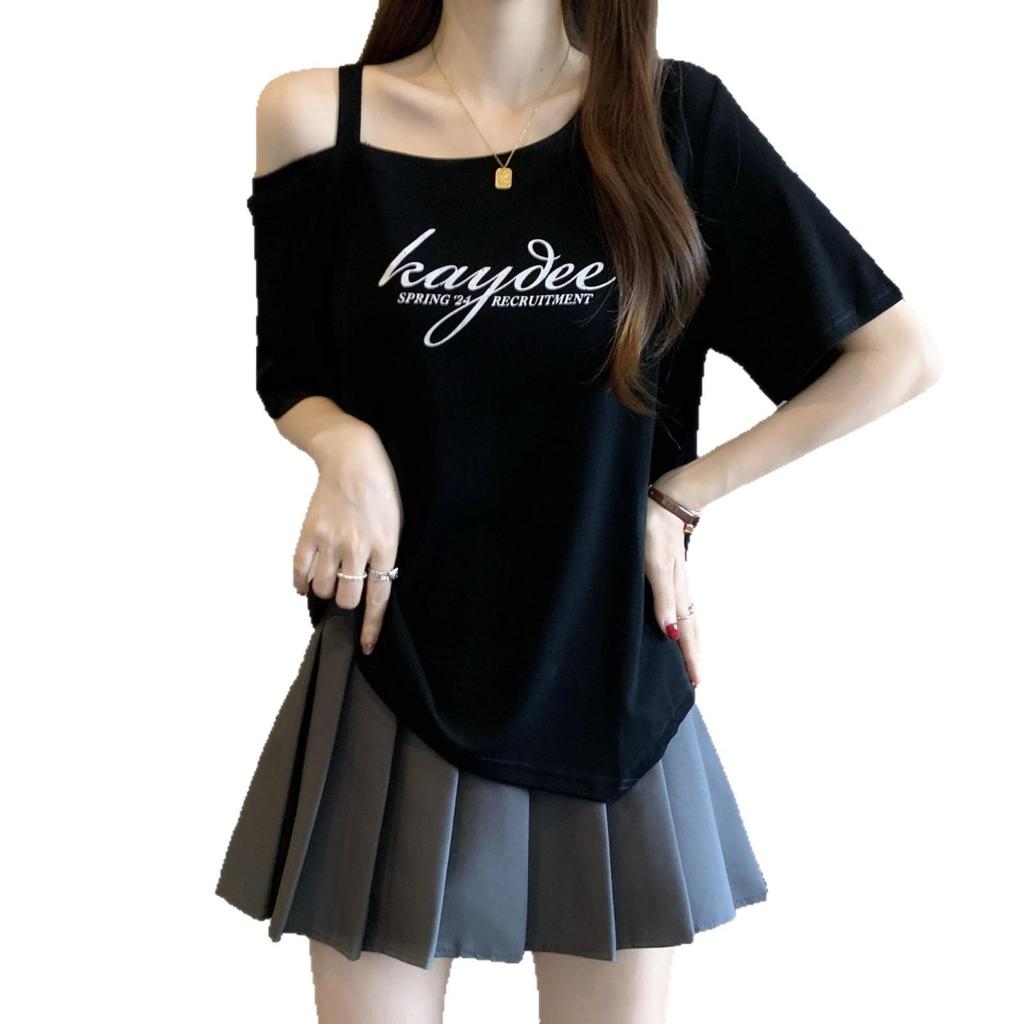 2025 Spring/Summer Plus Size Off-Shoulder Letter Print T-shirt - Women's Trendy Loose Slimming Fashion