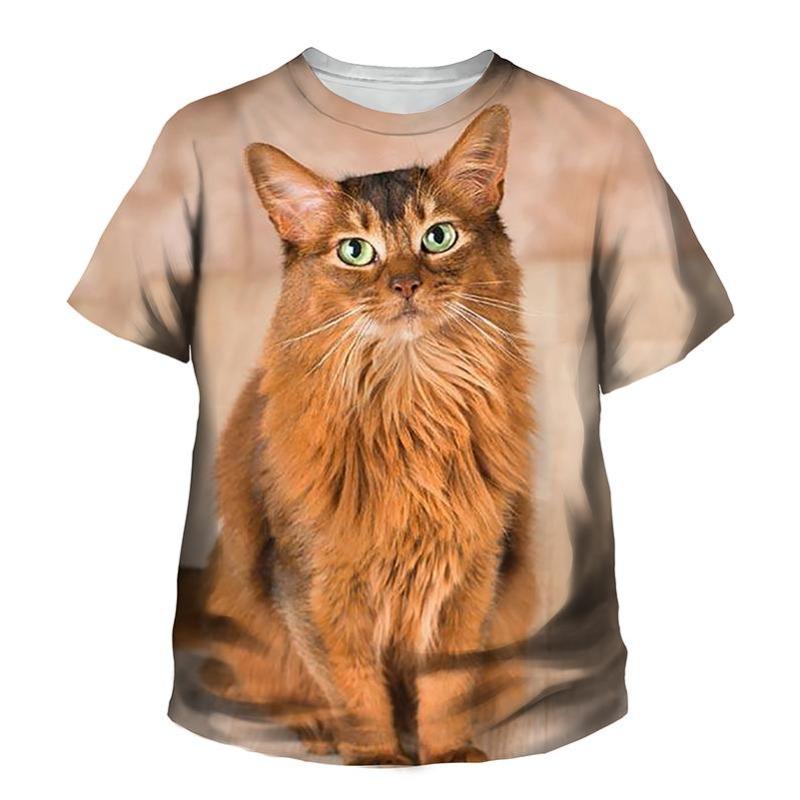 Summer Round Neck 3D Printed Cute Cat Pattern Top Fashionable Casual Short Sleeved Children's Boy and Girl Kids Unisex T-shirts
