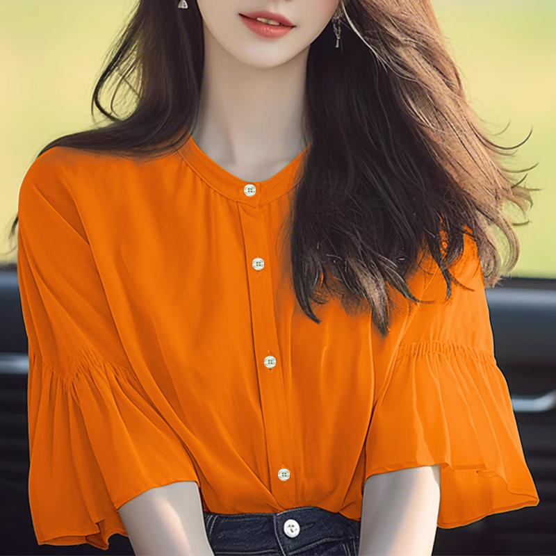 

ZANZEA Женская повседневная блузка с круглым вырезом, однотонная, свободного кроя, с коротким рукавом 4XL оранжевый