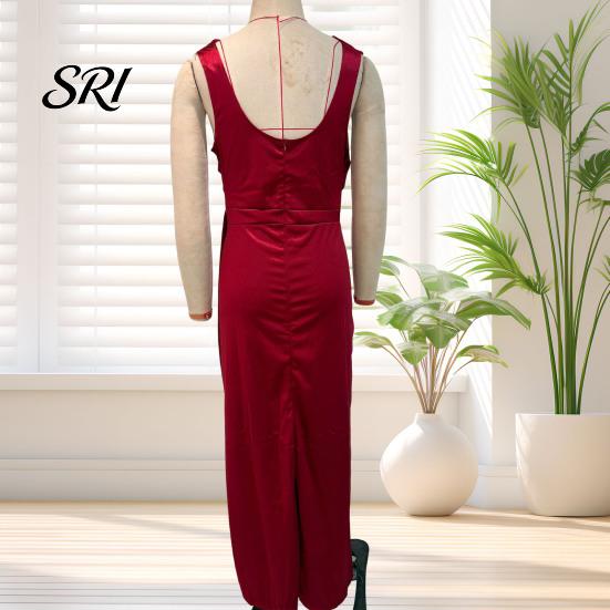 Noble Color Women Dress Women's Satin Ruched High Slit Bodycon Maxi Sexy Sleeveless Evening Cocktail Party Wedding Guest Formal Prom Gown