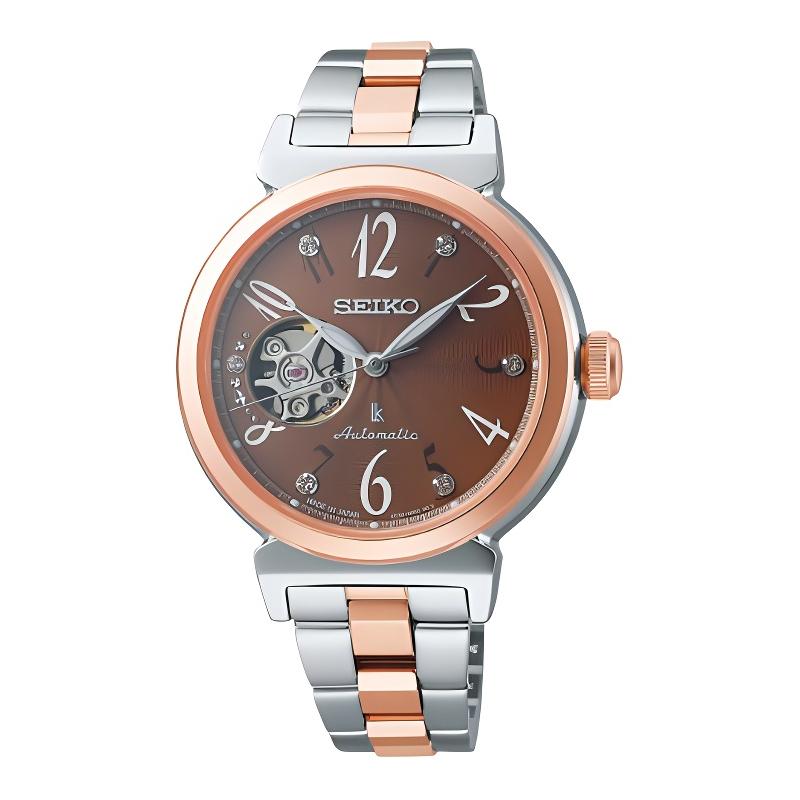 

SEIKO Lukia 100 meters waterproof fashion simple style Automatic gold-plated Steel Strap 34.6mm women s watch brown dial SSVM062 синій