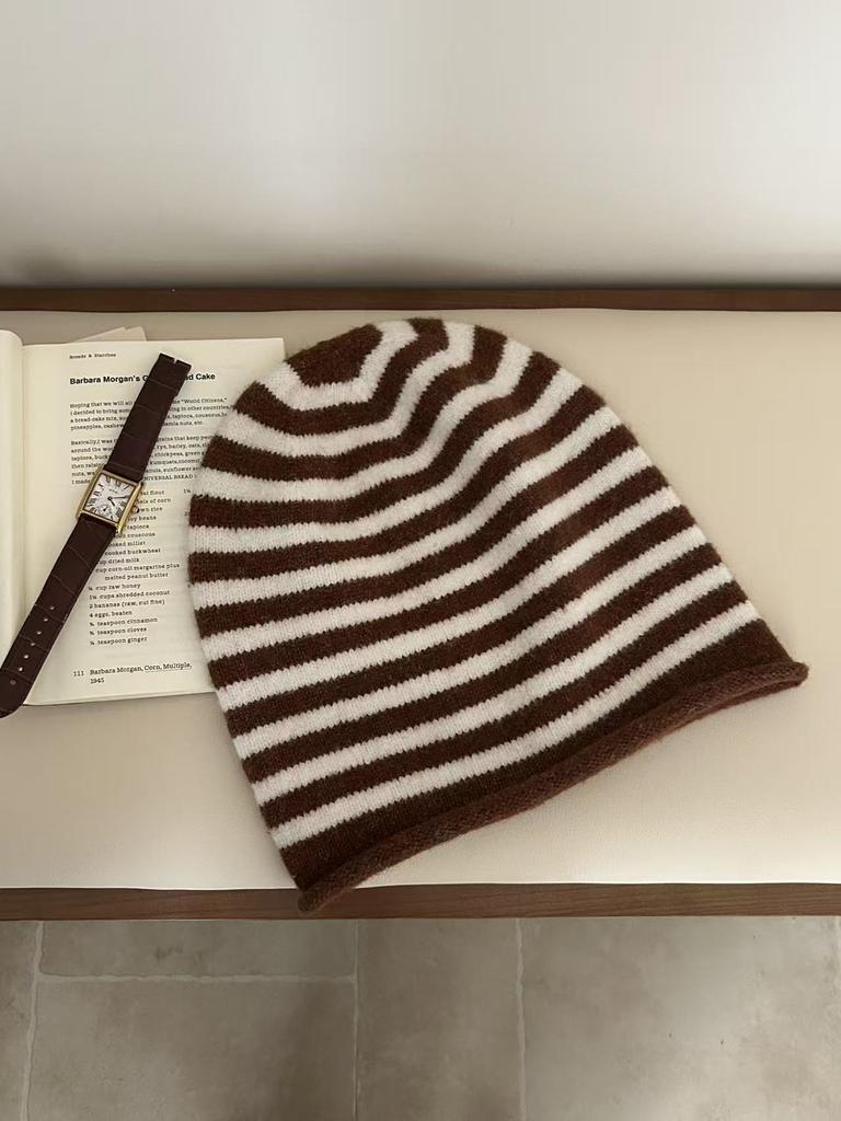 Japanese simple striped wool hat women's autumn and winter warm ear protection stacking hat drawstring cold hat pullover hat men's versatile new
