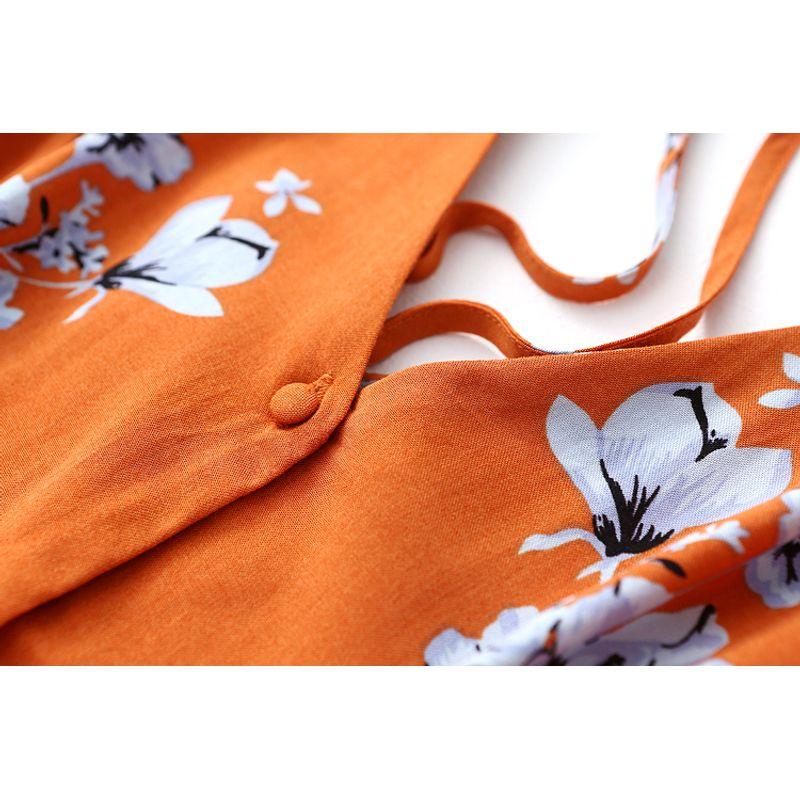 Foreign Trade Original Order Neckline Strap Sexy Pairs V-neck Flared Sleeves Print Noil Poplin Dress Artificial Cotton Skirt