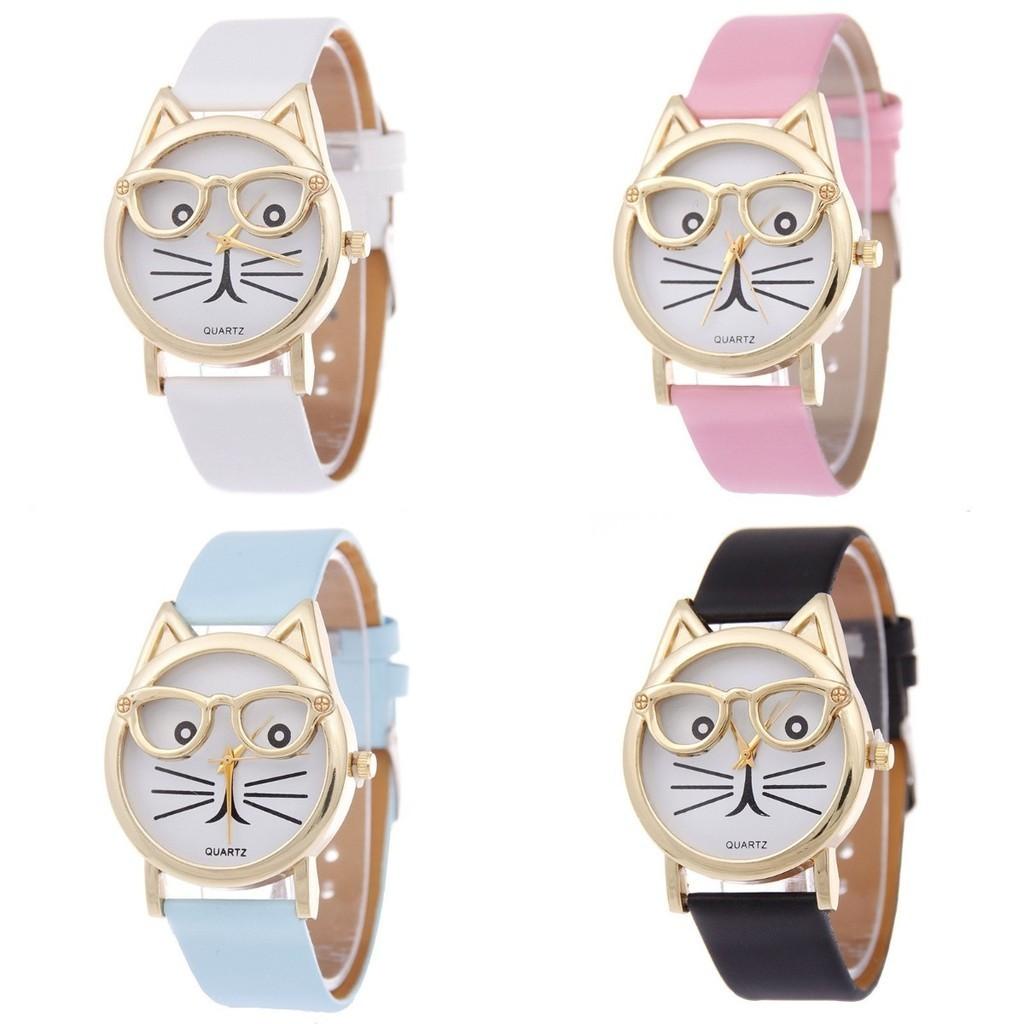 Cat Glasses Face Womens Watch Cartoon Solid Color No Word Gold Frame Daily Wear