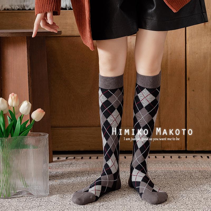 Korean Style Cotton Diamond Pattern Knee-High Retro Socks for Women