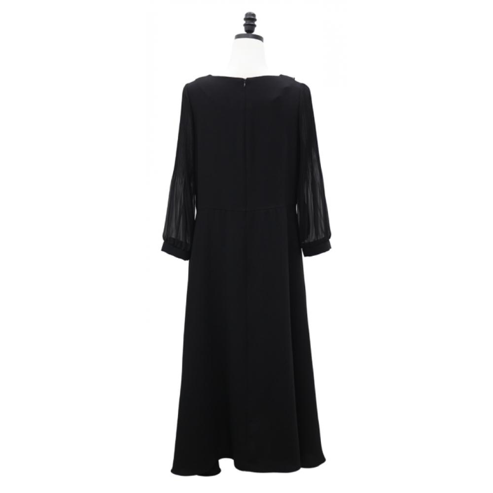 Shiz Madam Women Round Chain Collar Sleeve Pleated Long Dress N2756
