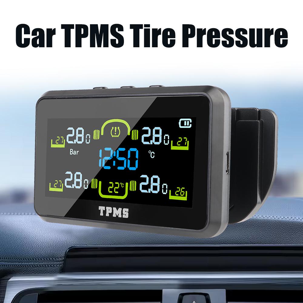 Car Tyre Pressure Monitor Intelligent Tire Pressure Monitoring System T14-1 Temperature Warning Fuel Save With 4 External Sensors Solar TPMS