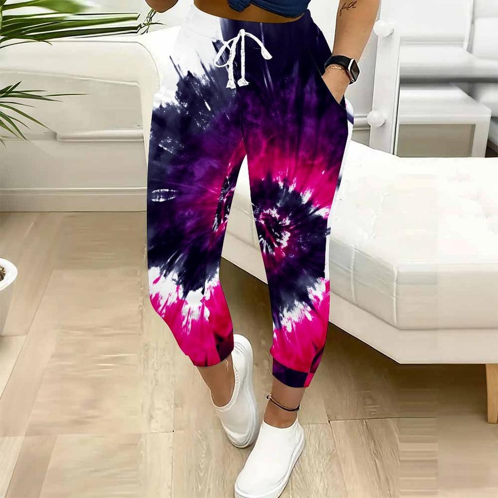 Summer Ladies Radiation Tie Dye Printed Sweatpants Loose Fit Drawstring Joggers Elastic Cuff Daily Casual Pants