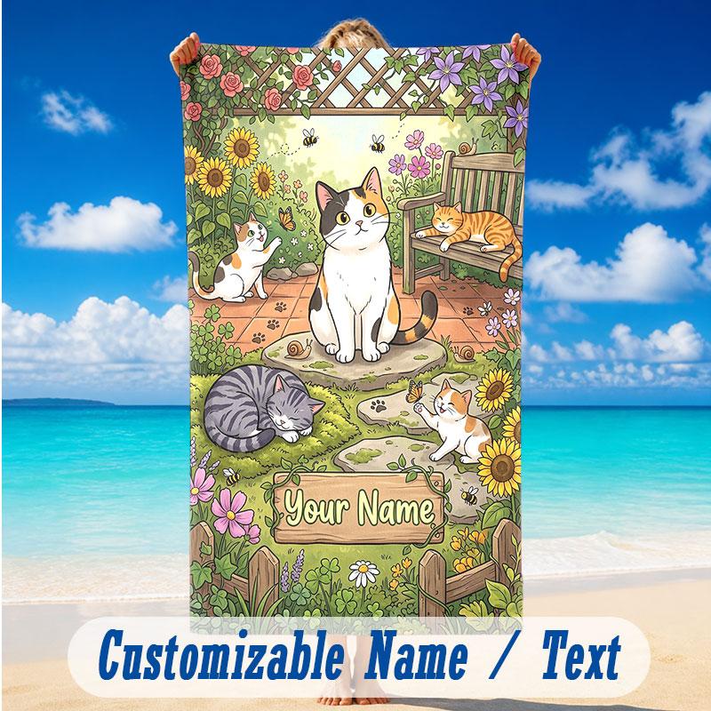 Cat Theme Beach Towel Personalized Custom Name & Text Soft Quick Dry Beach Towel for Swimming Travel