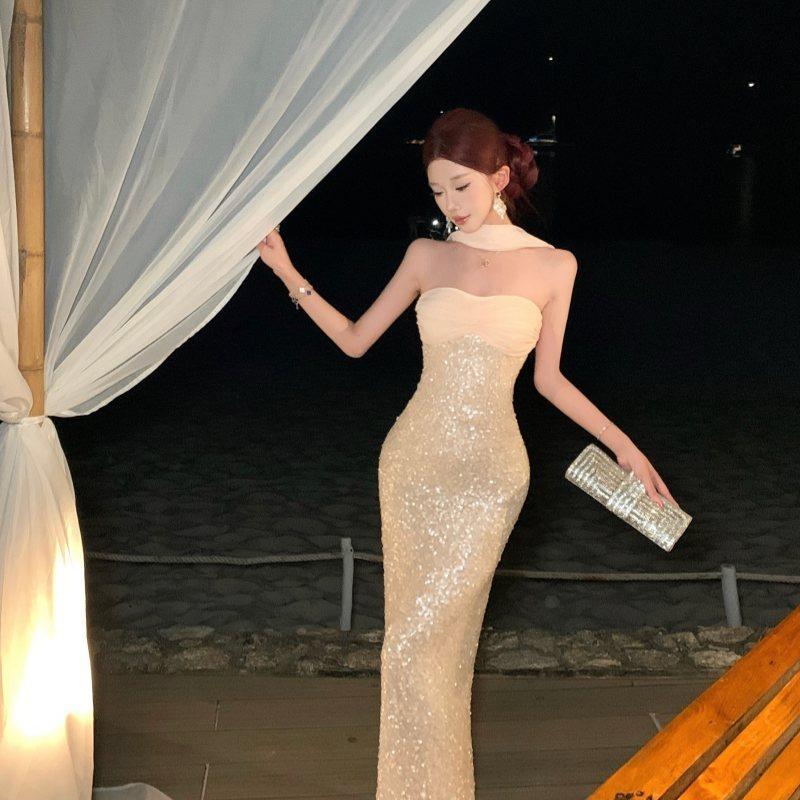 Celebrity Royal Sister High-end Waist Cinquet Dress Temperament Bandeau Dress Summer