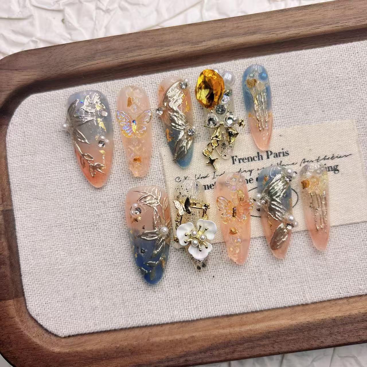 Dunhuang-Inspired Handmade Medium-Long Pointed Faux Nail Tips