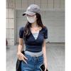 Design Sense Splicing Fake Two Pieces Slim and Thin Shoulder V-neck Short-sleeved T-shirt Summer Fashion Casual Versatile Top Women