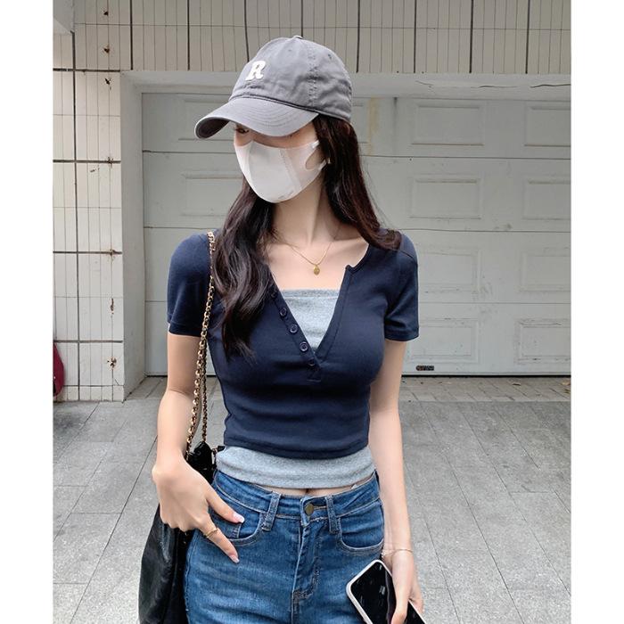 Design Sense Splicing Fake Two Pieces Slim and Thin Shoulder V-neck Short-sleeved T-shirt Summer Fashion Casual Versatile Top Women