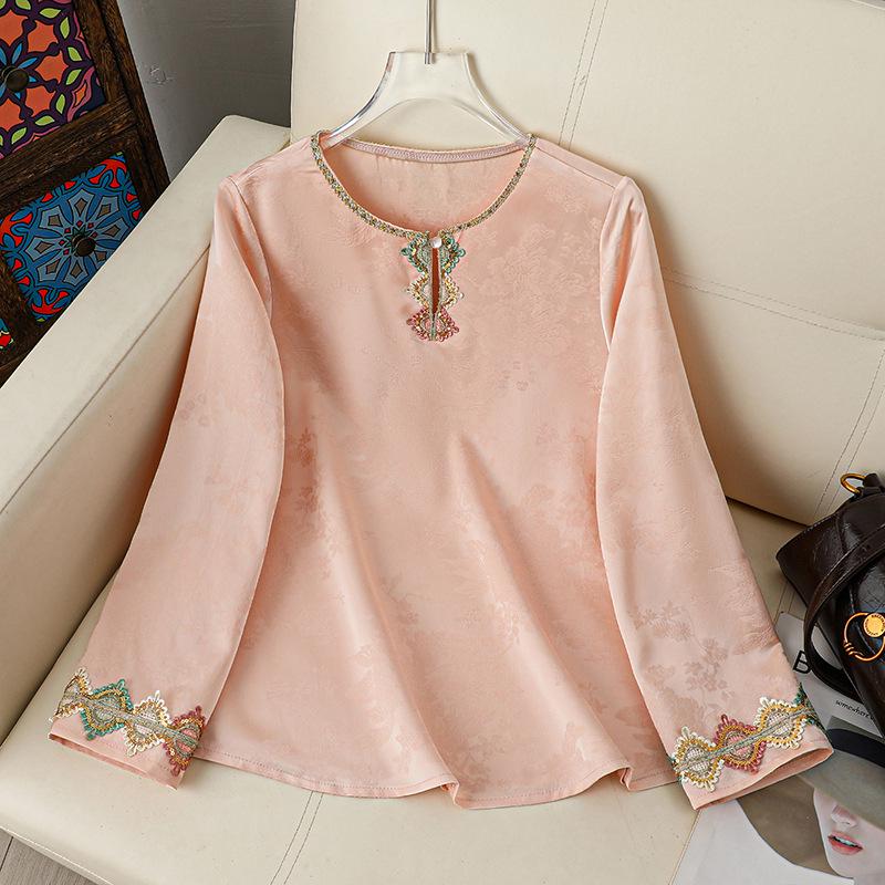 

2026 Chinese Style Embroidered Stand Collar Women s Long Sleeve Shirt 4XL розовый