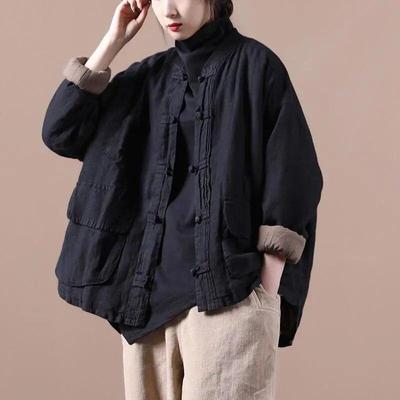 Frauen Vintage Jacken Einfarbig Baumwolle Leinen Mäntel Stehknopf Patchwork Taschen Mäntel