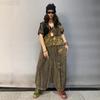 Personality Trendy and Cool Denim Splicing Mesh Hooded Cardigan Jacket Wide-leg Pants Two-piece Set Women's Summer Loose Fashion Suit