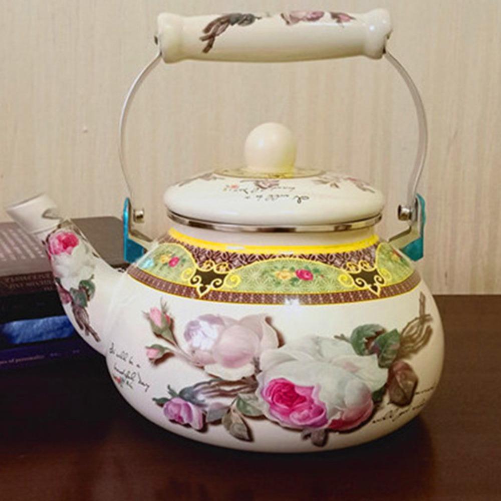 Thickened Chinese Style Enamel Teapot 2.5L Floral Enameled Tea Jug Pear-shaped Antiscald Handle Coffee Pot Gas Induction Cooker