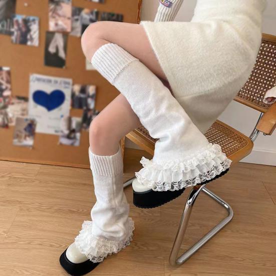 1 Pair Winter Calf Covers Lace Trim Knitted Anti-slip Solid Color Elastic Lolita