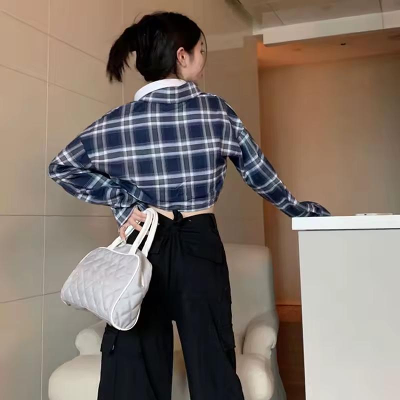 Loose High Waist Vintage Plaid Shirts for Women Ladies Sun Protection Blouse