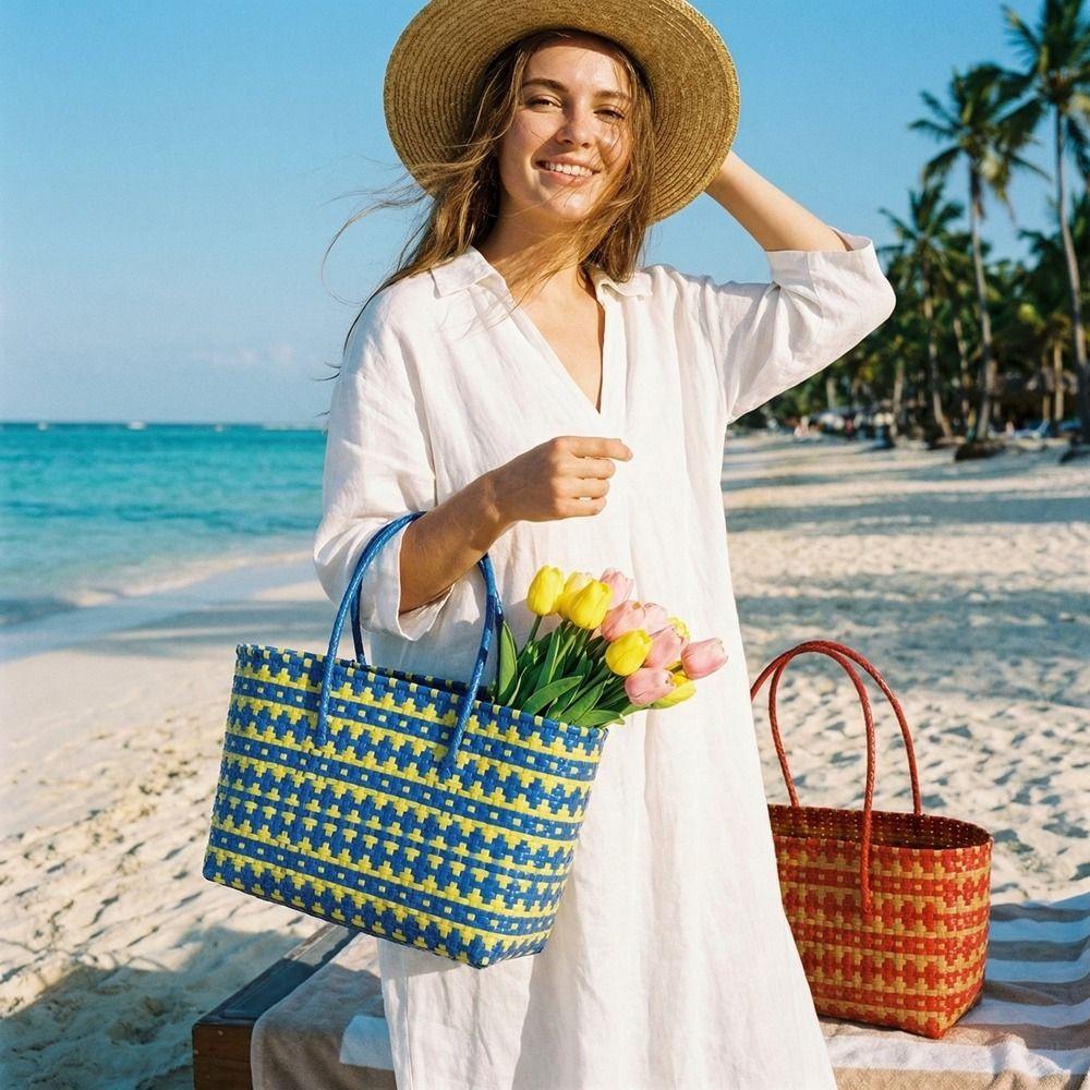 Vacation Style Weave Bag Bohemian Style Beach Tote Bag Casual Plastic Handbag  Girls