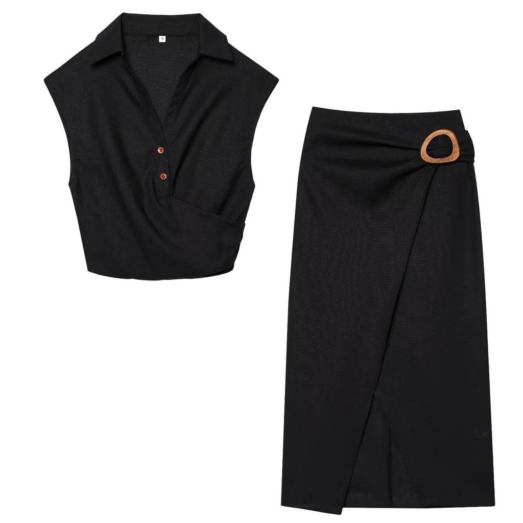 2025 Summer Women's Linen Set: Short Top with Buckle Detail & Midi Skirt