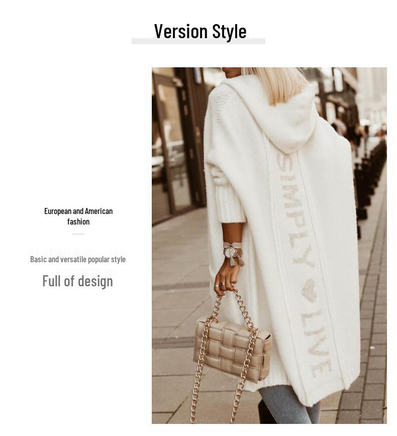 Autumn/Winter Hooded Long Cardigan Sweater with Turn-Down Collar and Letter Knit Design