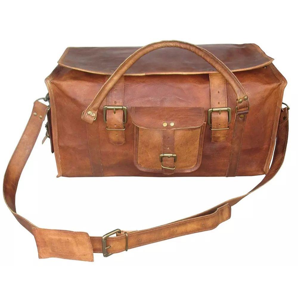 Large Mens Vintage Genuine Leather Flap Duffel Carry On Weekender Travel Bag