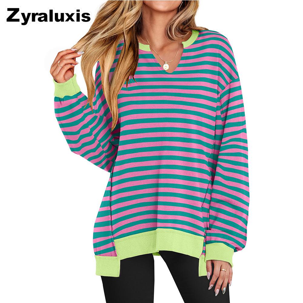Fall New Arrivals Colorful Striped V-Neck Loose Fit Sweatshirt Women's