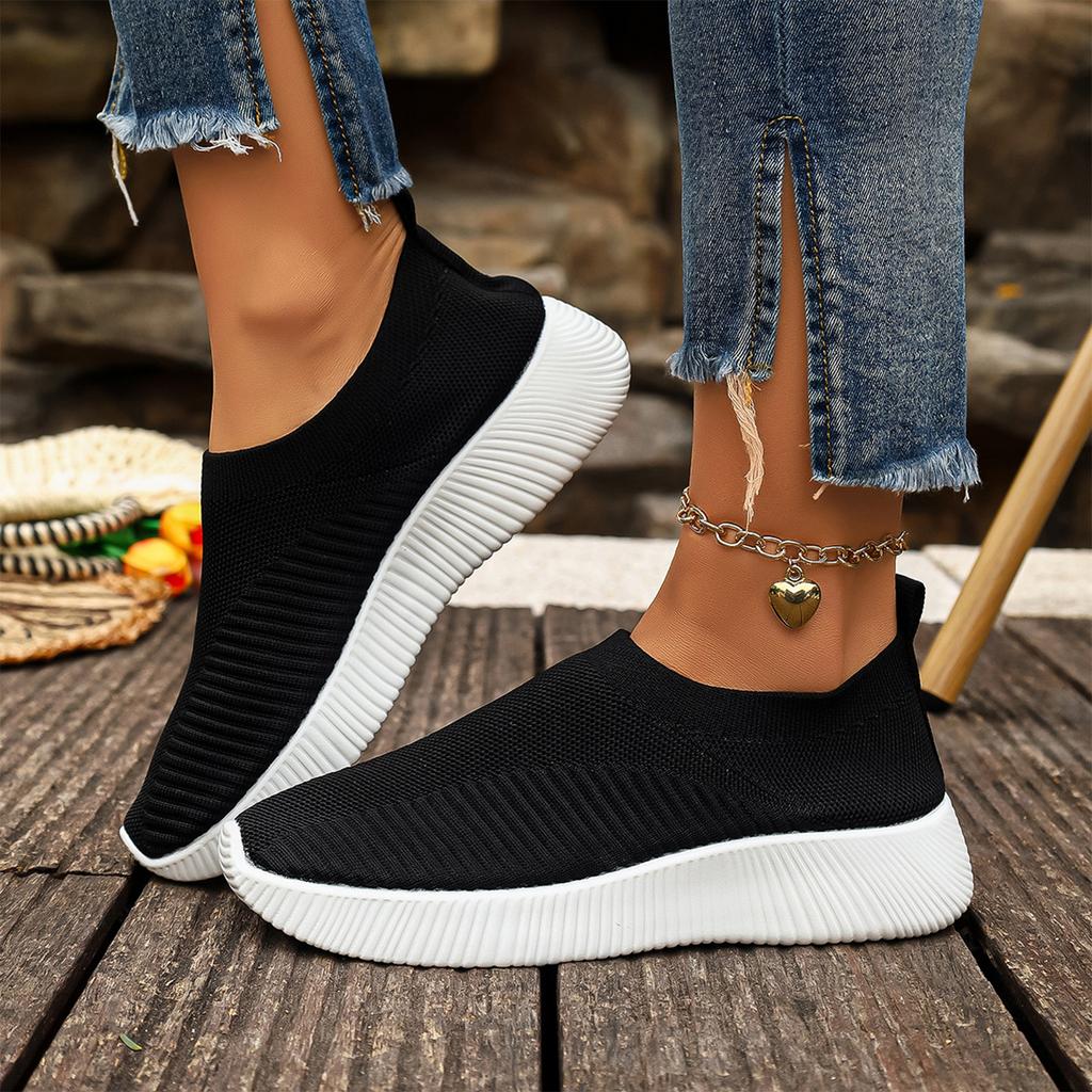 Women Breathable Lightweight Flyknit Slip On Sneakers Soft Sole Casual Flat Walking Shoes for Summer Outdoor Indoor Use