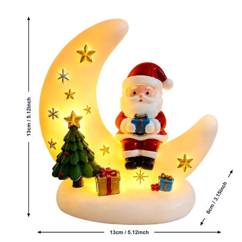 Curved Moon Santa Christmas Decoration with Warm LED Light, Seasonal Tree and Gift Figures, Plus USB Power for Indoor Desk, Shelf and Window Displays