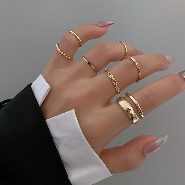 Hip Hop Rock Gold Color Chain Rings Set Girls Punk Geometric Sleek Minimalist Finger Rings Women Trend Jewelry Accessories Celebration Party Event