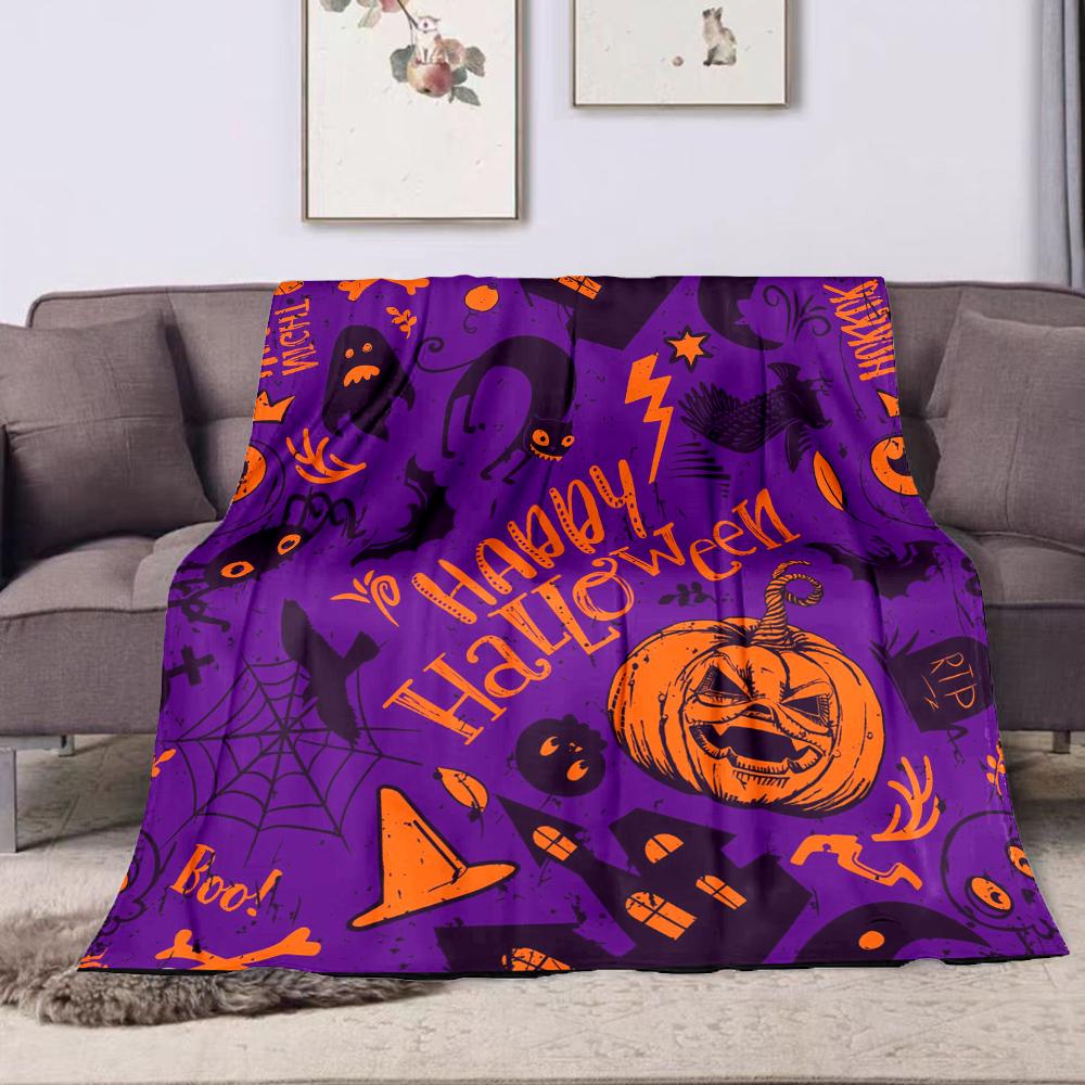 Halloween Pumpkin and Spooky Icons Patterned Flannel Blanket Perfect for the Bedroom Living Room, Sofa, or a Little Nap