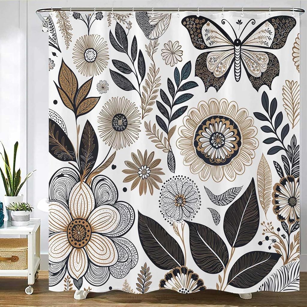 Boho Butterfly and Floral Shower Curtain White Boho Nature Shower Curtain Waterproof Flower Shower Curtains for Bathroom Decor