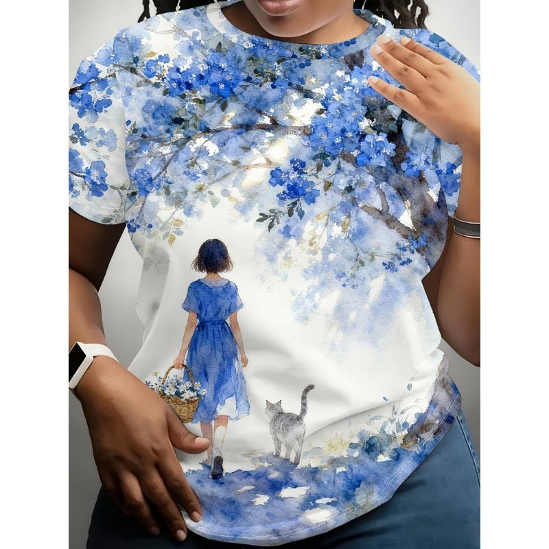

Blue Watercolor Girl and Cat Print Short-sleeved T-shirt, Artistic and Fresh Loose Round Neck Top, Women s Clearance Sale Clothing 2XL