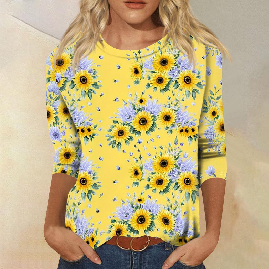 Top T-shirt casual alla moda da donna con scollo rotondo, manica a tre quarti e stampa