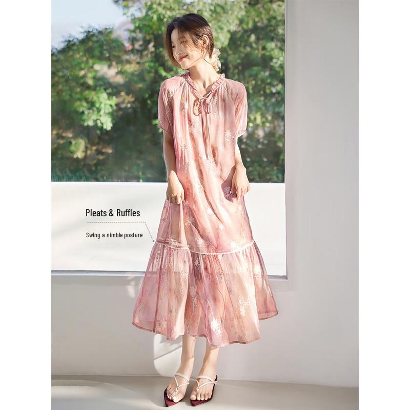 MOHAN YIMEI Floral Chiffon Maxi Dress with Tie-Waist