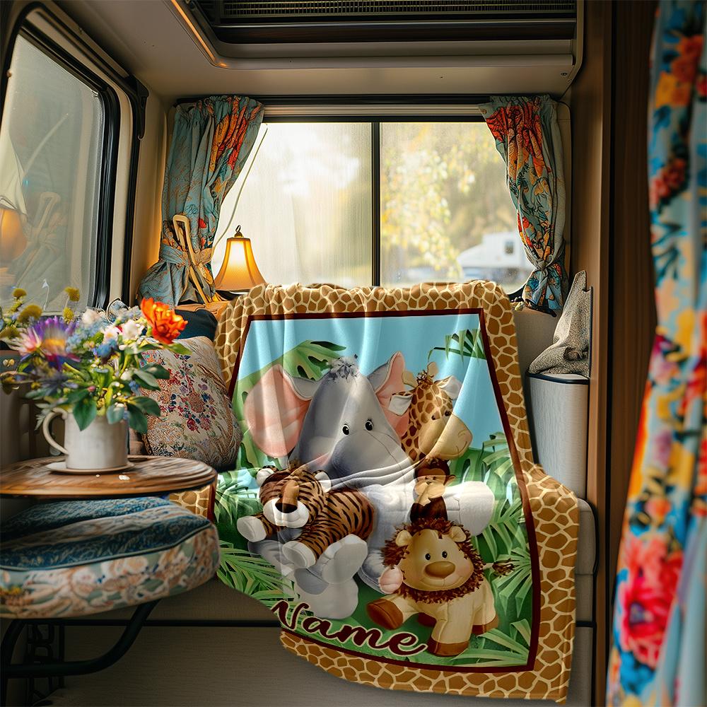 Jungle Safari Animals Blanket Personalized Name Soft Comfortable Stylish Blanket Car Blanket Perfect For Travel Camping Outdoor Home Suitable For All