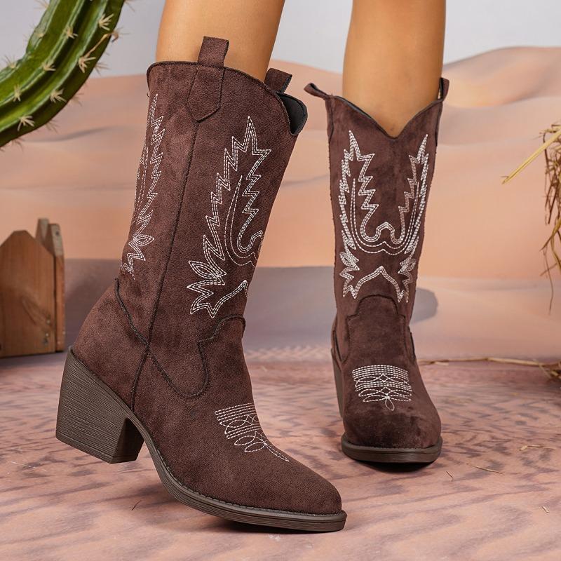 Fashion Women's Mid-calf Boots European American Style Embroidered Pointed Leather Boot Classic Western Cowboy Boots Women Knight Boots