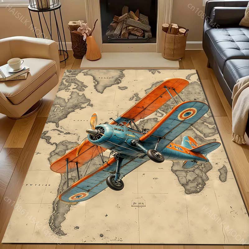 Retro Airplane and Map Pattern Carpet for Bedroom Living Room Bedside Sofa Floor Mat Modern Home Decor Area Rug Large Size